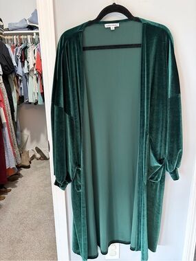 Emerald Green Velvet Open-Front Duster Cardigan